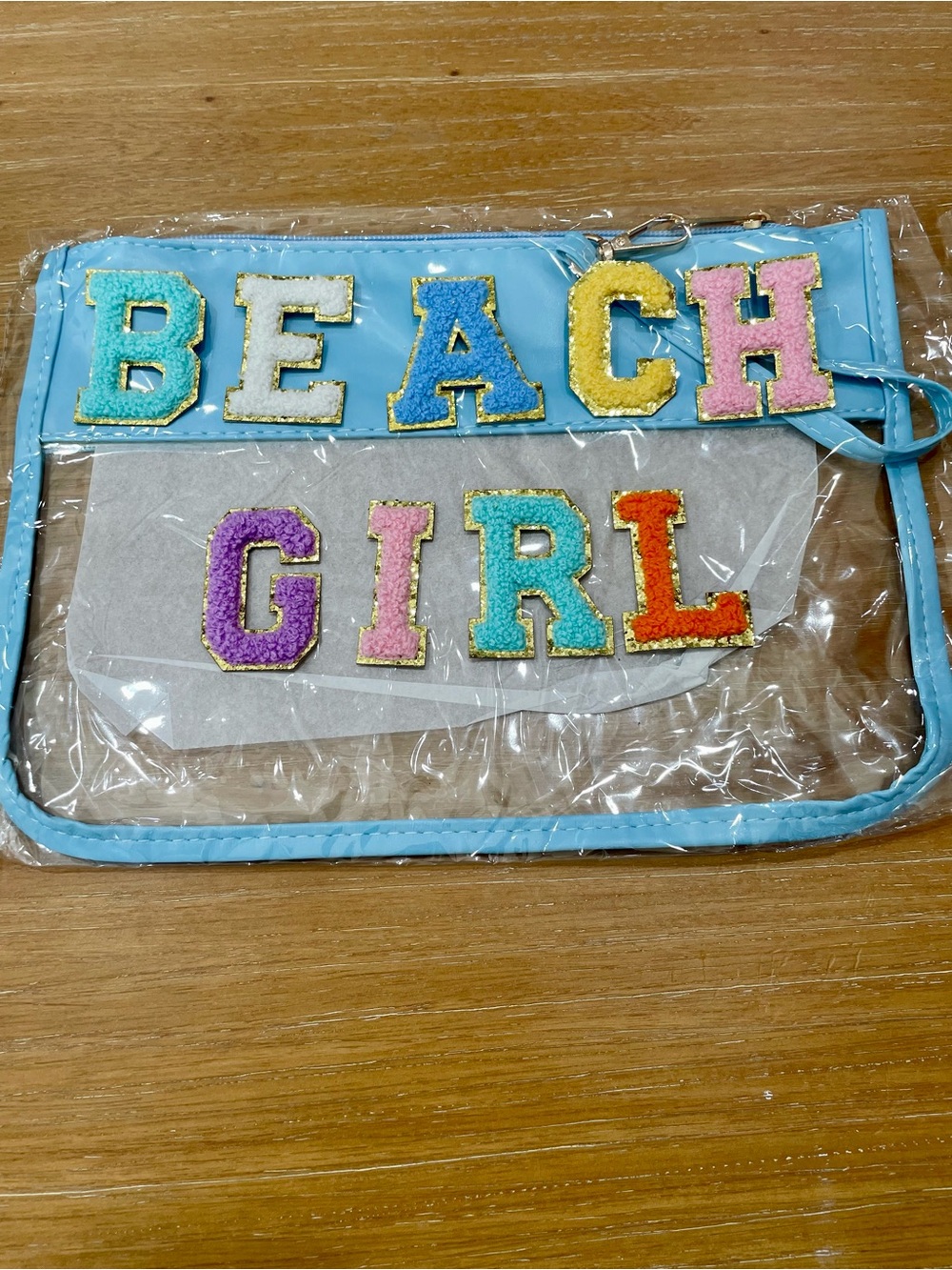 Clear Makeup Bag Pouch with Wristlet Chenille Letters Self Adhesive “BEACH GIRL”
